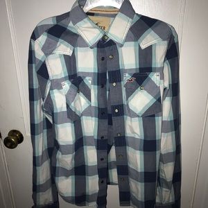 Blue and white button up hollister shirt